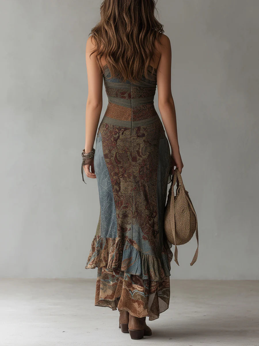 Elena - Vestido de primavera esencial, largo asimétrico de un solo hombro con estampado étnico y abertura alta