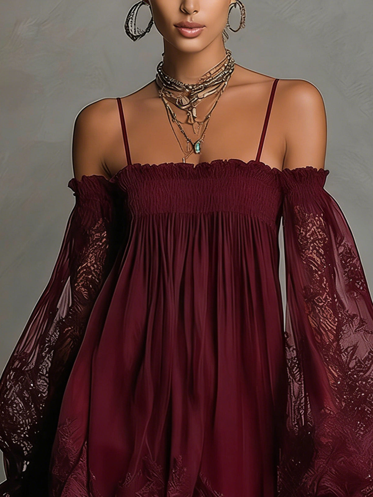 Noemi - Vestito mini in chiffon blu navy con scollo a spalle scoperte, bordo in pizzo e maniche trasparenti
