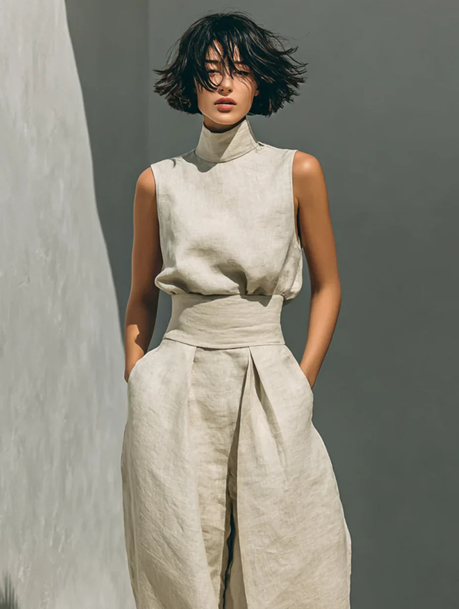 Flor™ | Completo minimalista di top senza maniche e pantaloni a gamba larga in cotone e lino per donna