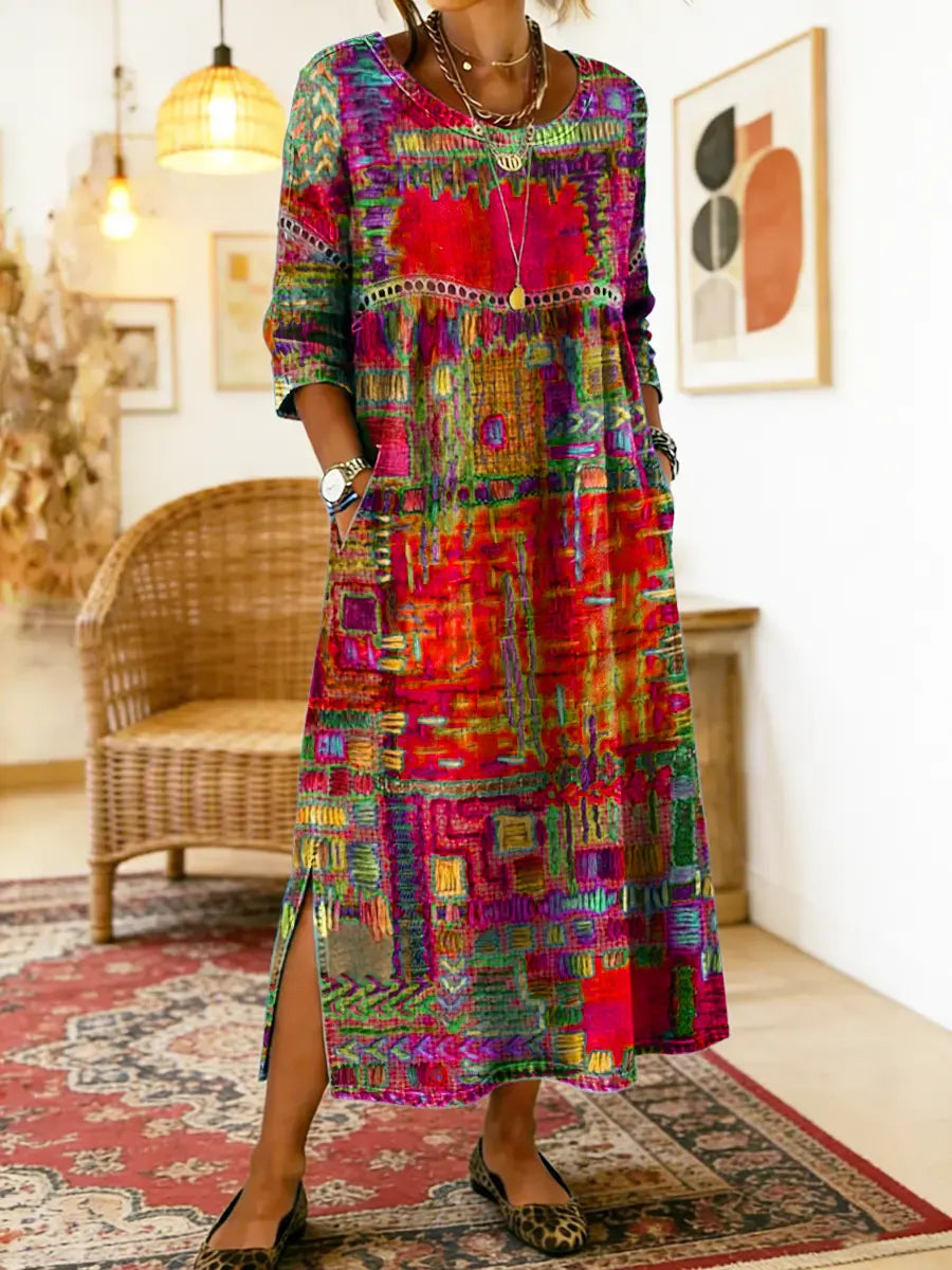 Manuela | Vestito in Denim con Patchwork Etnico