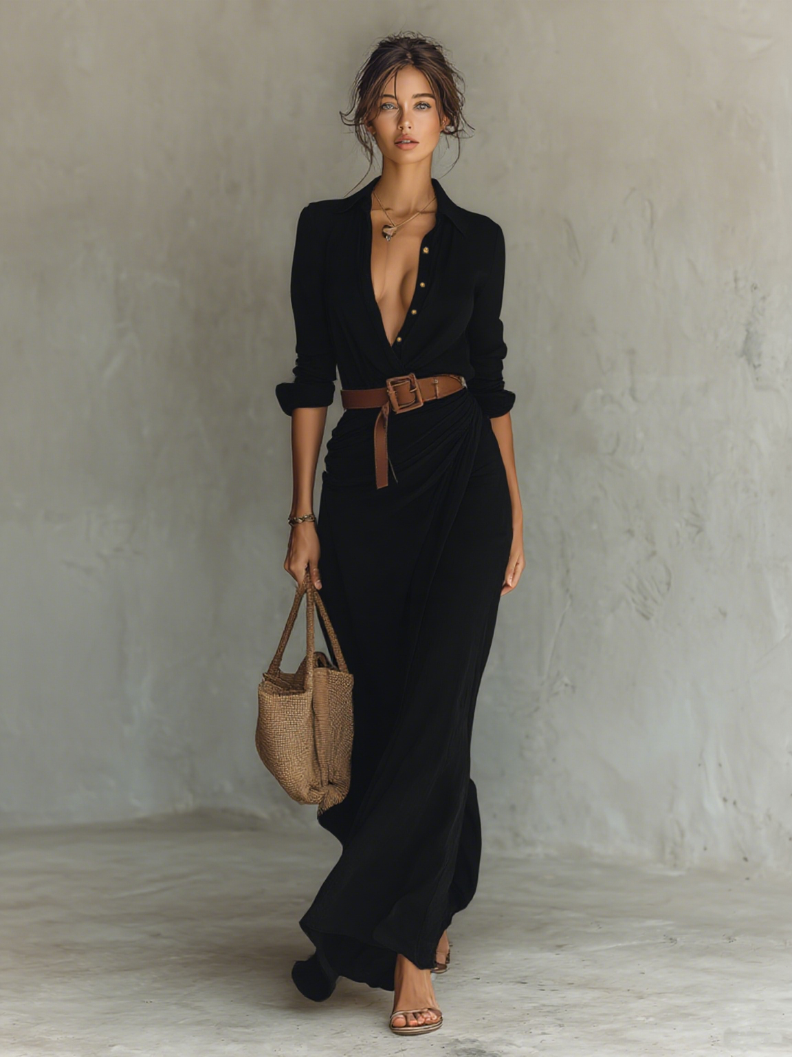 Abito Maxi Lungo con Collo a Revers e Maniche Lunghe per Donne