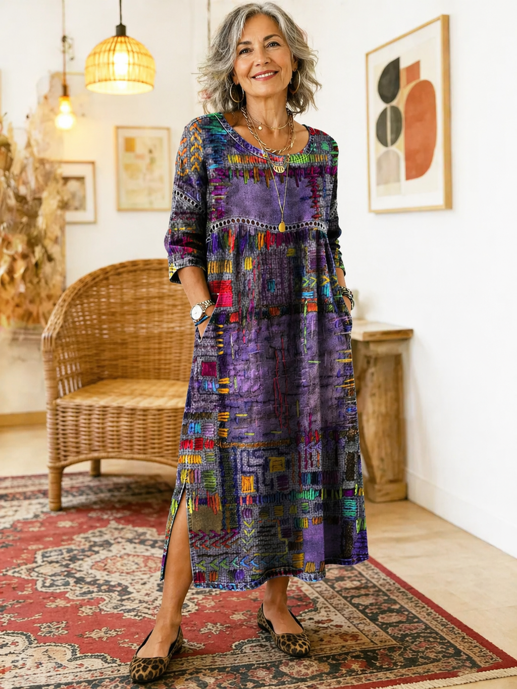 Manuela | Vestito in Denim con Patchwork Etnico