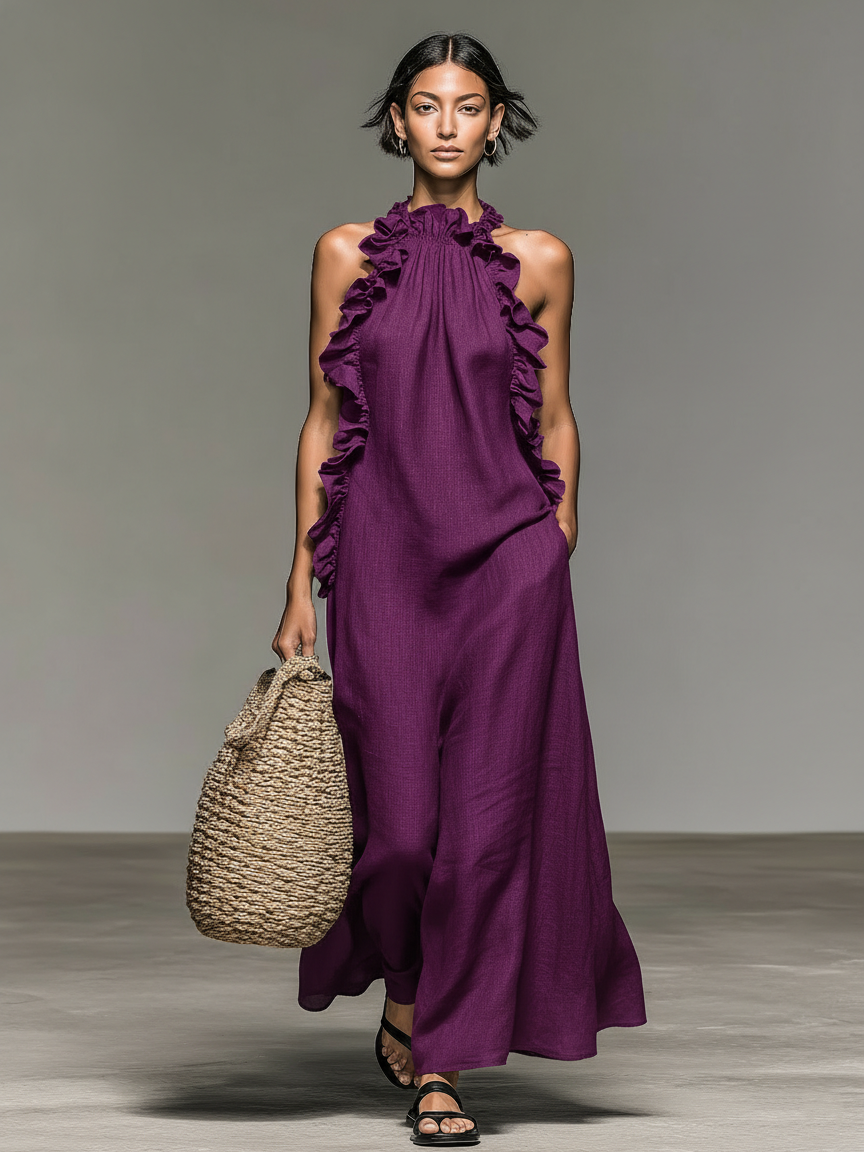 Abito Maxi Senza Maniche in Lino Minimalista da Donna con Rouches