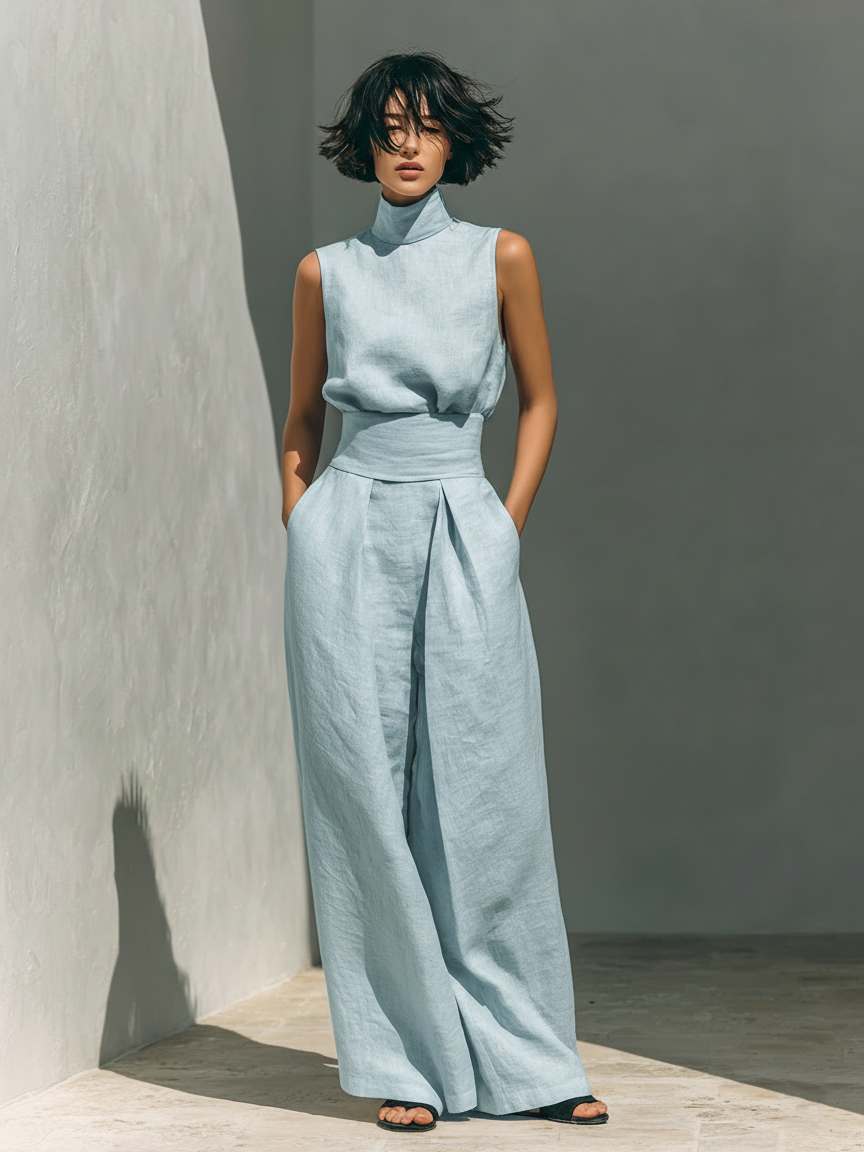 Maria | Conjunto minimalista de top de algodón y lino y pantalón de pierna ancha para mujer