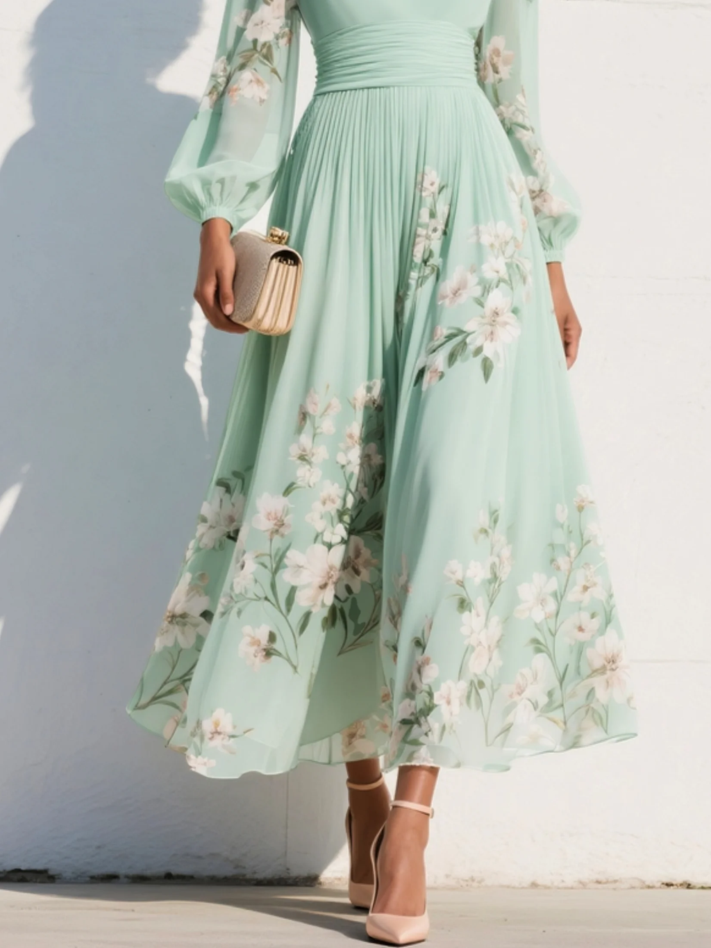 Abito Maxi Plissè in Chiffon Verde Menta con Stampa Floreale per Donne