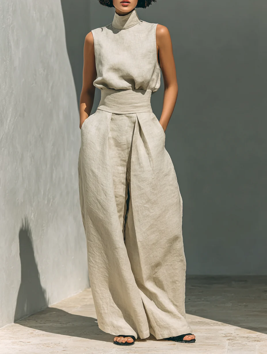 Aurora • Set composto da top senza maniche beige in misto cotone-lino finto e pantaloni a gamba larga
