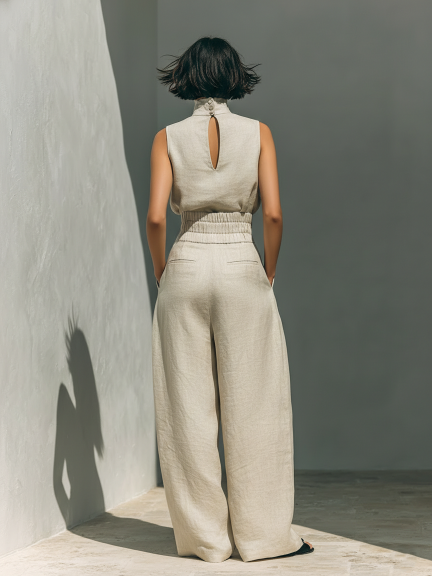 Aurora • Set composto da top senza maniche beige in misto cotone-lino finto e pantaloni a gamba larga
