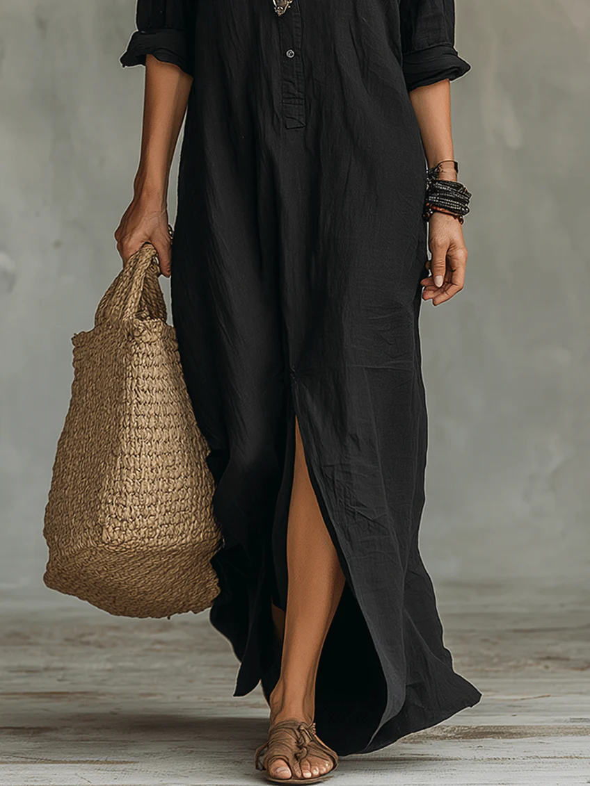 Soline | Robe Maxi Noire Ample avec Boutons