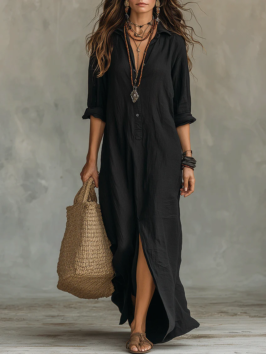 Soline | Abito Maxi Nero Ampio con Bottoni