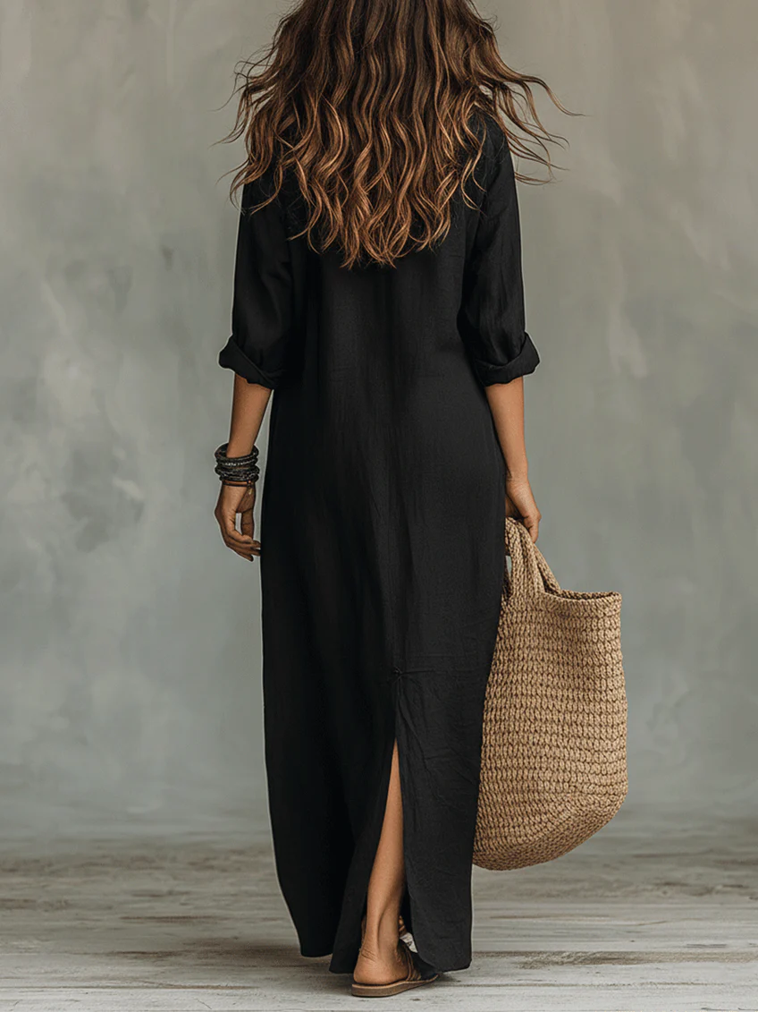 Soline | Abito Maxi Nero Ampio con Bottoni