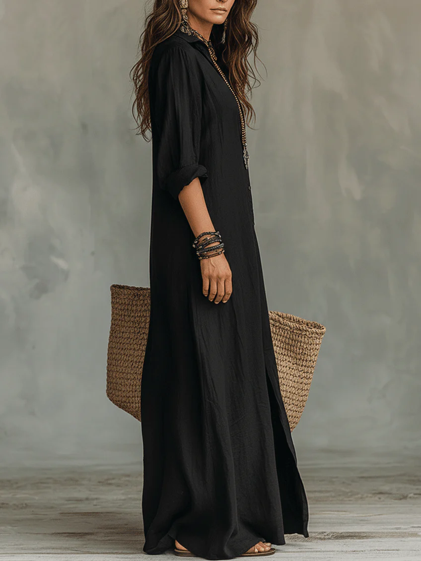 Soline | Abito Maxi Nero Ampio con Bottoni