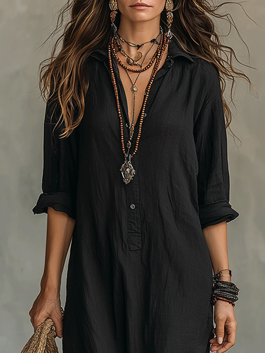 Soline | Robe Maxi Noire Ample avec Boutons
