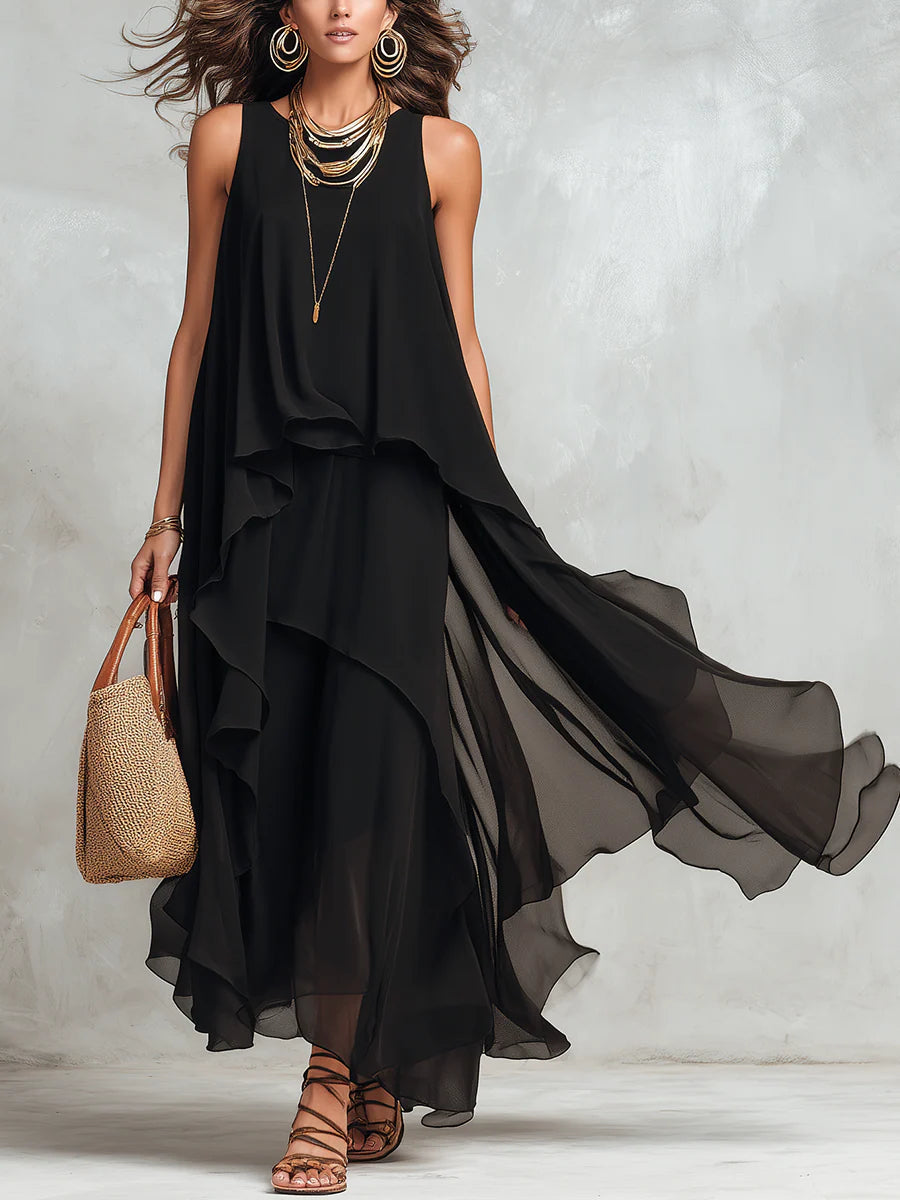 Abito Maxi Senza Maniche in Chiffon Nero con Scollo Rotondo a Strati
