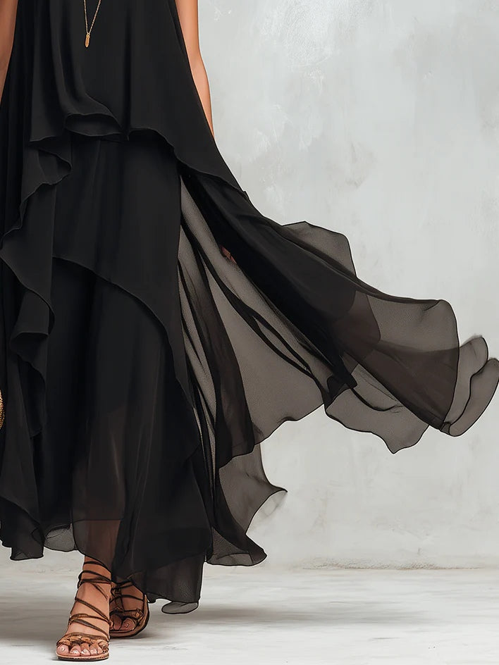 Abito Maxi Senza Maniche in Chiffon Nero con Collo Rotondo a Strati
