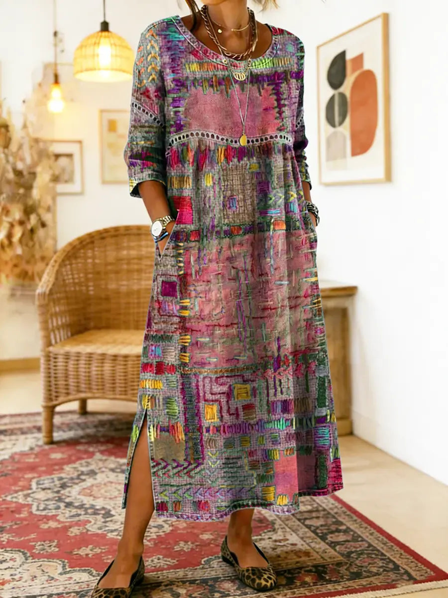 Manuela | Vestito in Denim con Patchwork Etnico