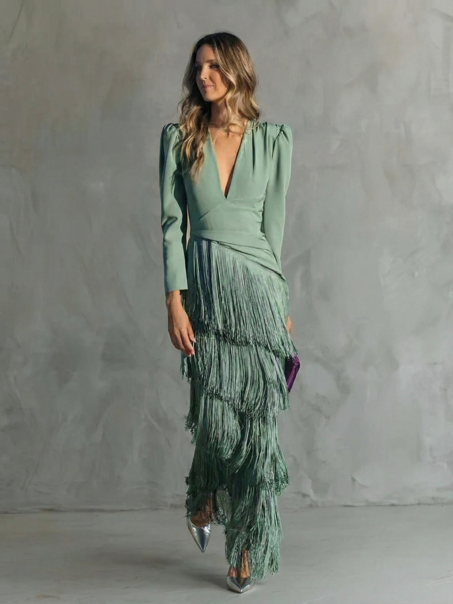 Alessia - Vestido de primavera elegante medio, con mangas de flecos