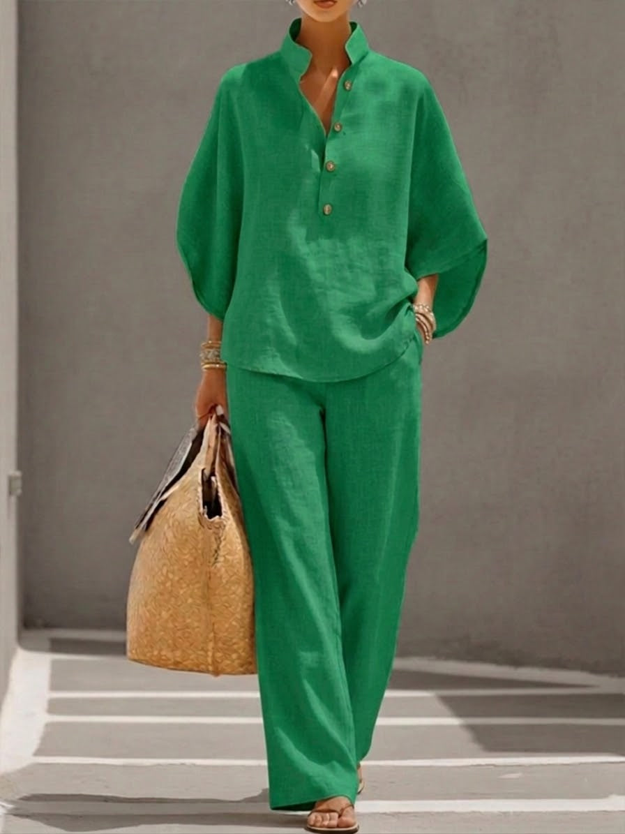 Mariel | Insieme Cotone Lino Maniche a Pipistrello Pantalone Largo
