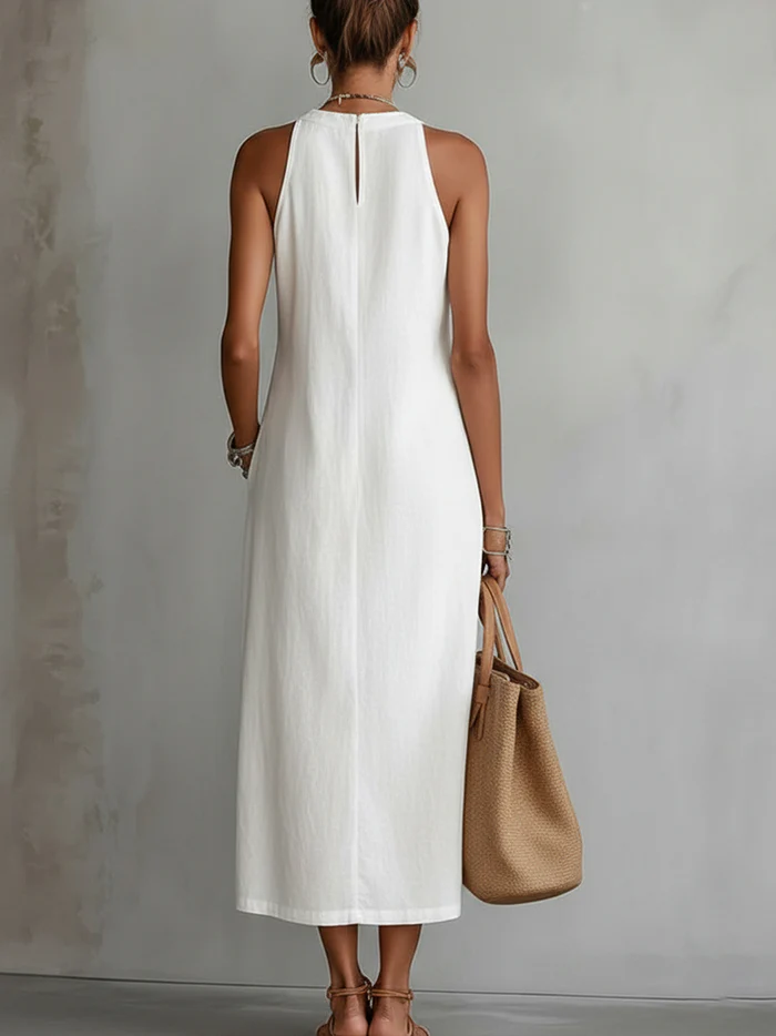 Bianca - Vestito midi in lino con collo mao