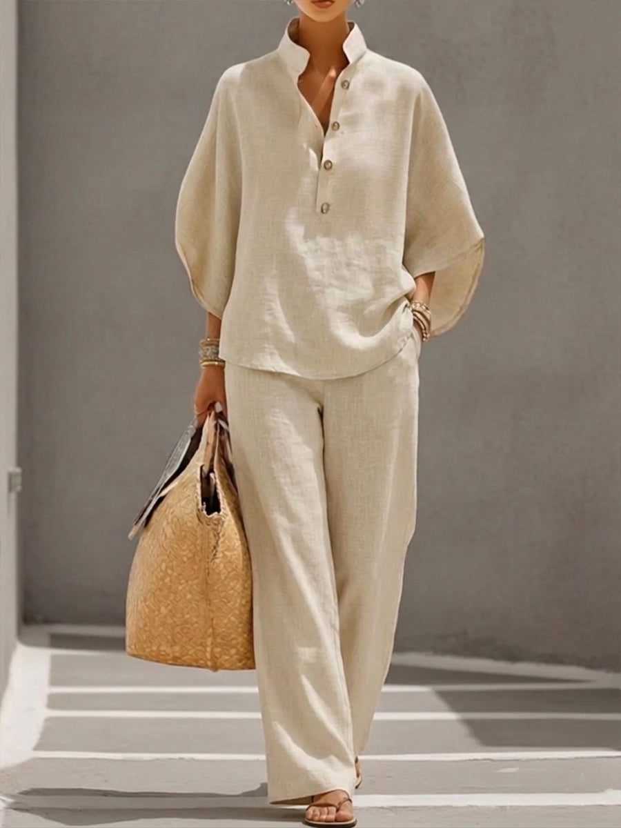 Mariel | Insieme Cotone Lino Maniche a Pipistrello Pantalone Largo